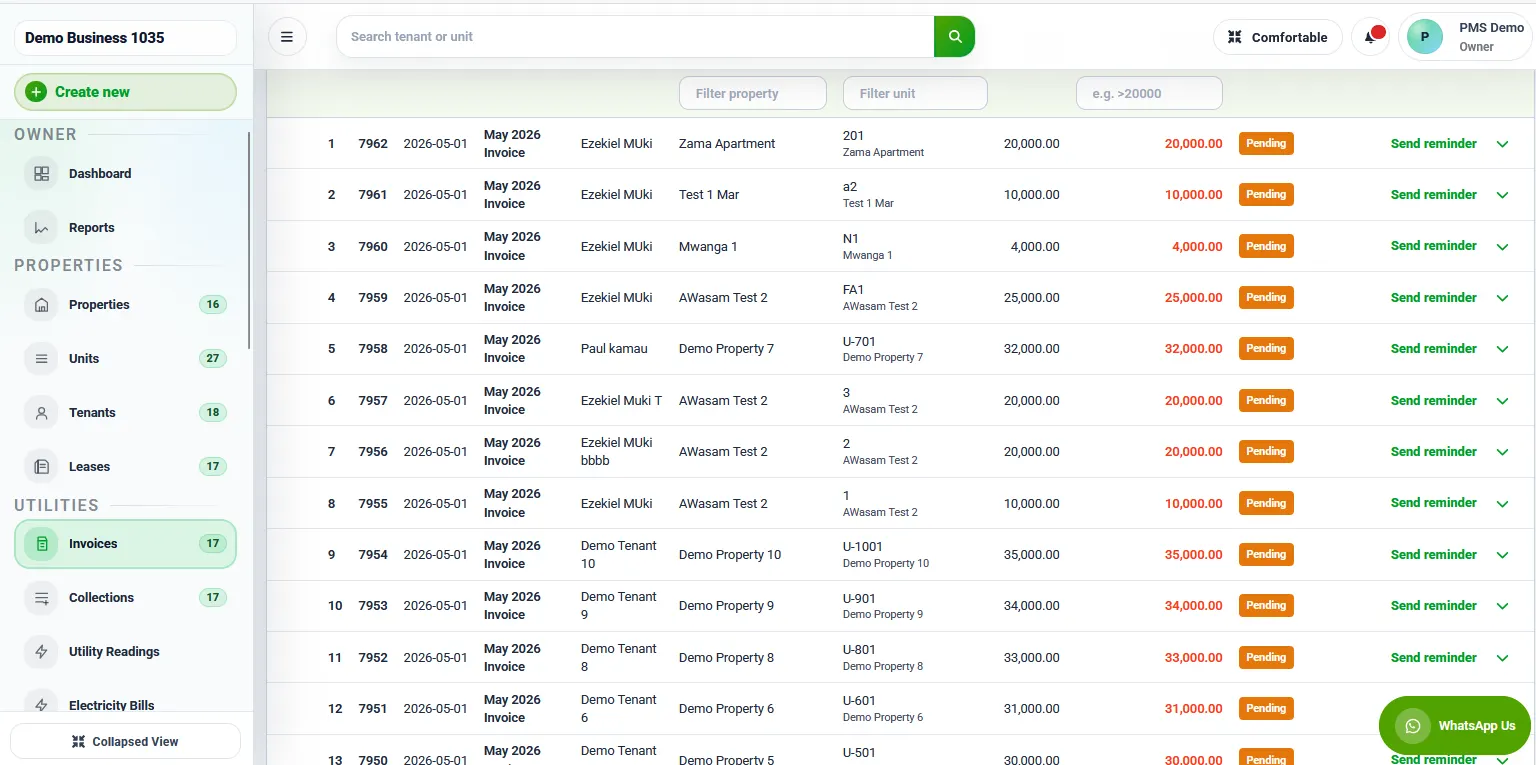 RentalDesk invoices screen for monthly billing