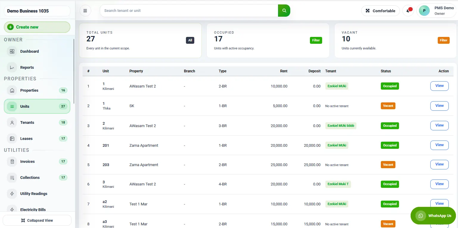 RentalDesk units listing screen with occupancy and unit details